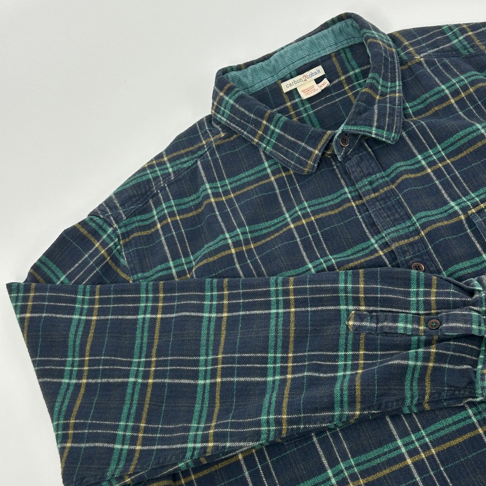 Carbon2Cobalt‎ Flannel Shirt Mens XXL Navy Green Plaid Long Sleeve Button Up